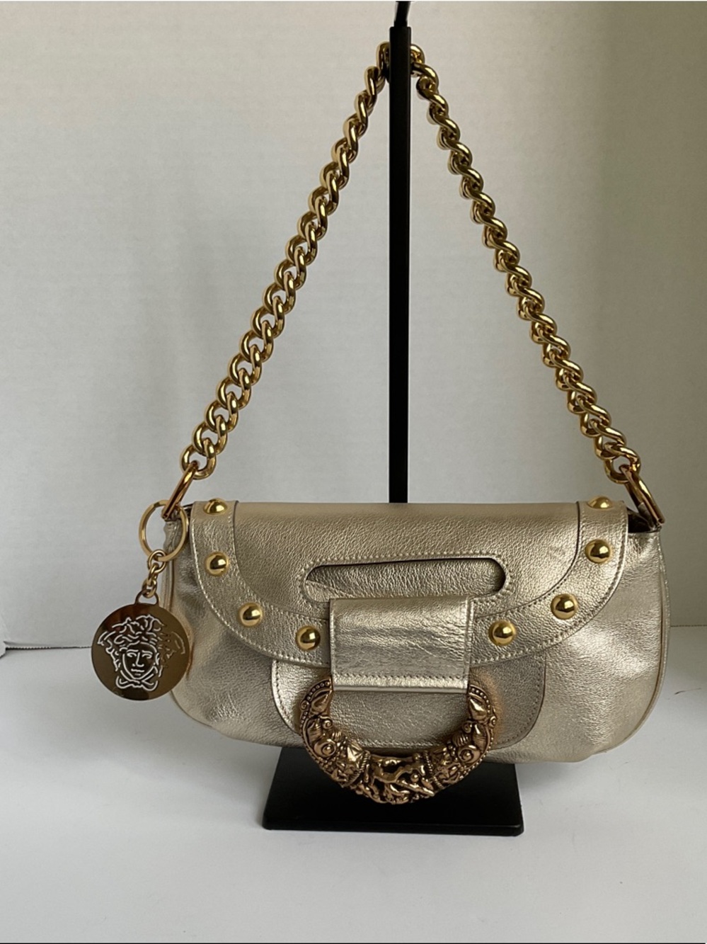 Versace Gold Metallic Leather Shoulder Bag with Medallion Charm